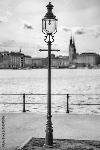 Hamburg, Germany. Historic lantern at the lake Alster.
