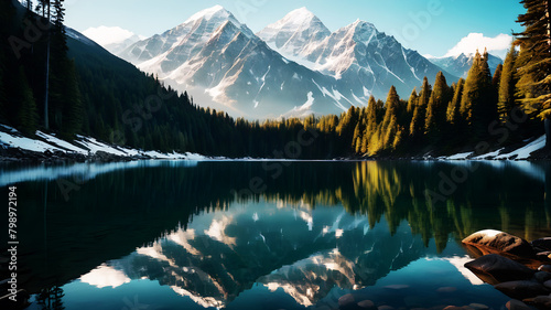 A serene mountain lake nestled among towering peaks, reflecting the surrounding forests and snow-capped summits