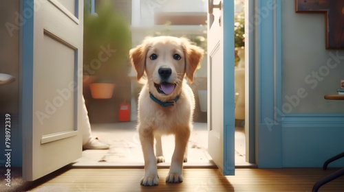 Cute Golden Retriever puppy standing in front of the door