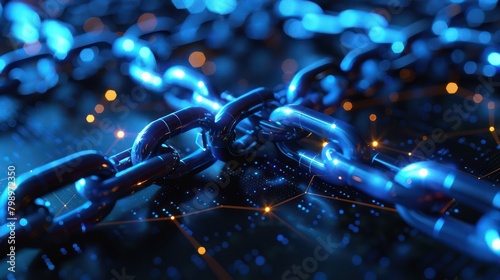 Blockchain encryption blocks, glowing blue connections, decentralized finance concept, close-up, digital photography photo