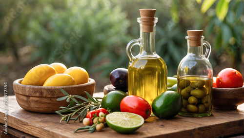 Background of cooking ingredients. Olive oil and fresh vegetables and fruits on a wooden table