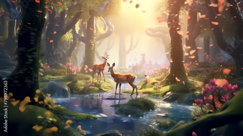 Fantasy scene with deer in the forest. 3d render.