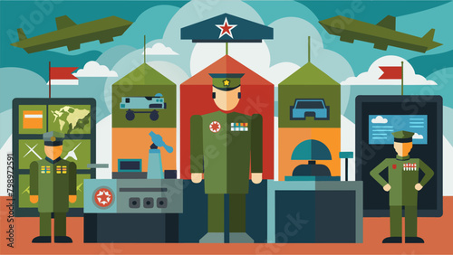 Various booths set up by different divisions of the military showcasing their unique skills and technologies.. Vector illustration