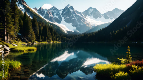 A serene mountain lake nestled among towering peaks, reflecting the surrounding forests and snow-capped summits