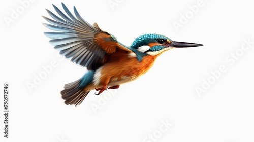 Common Kingfisher flying isolated on white background with clipping path. photo