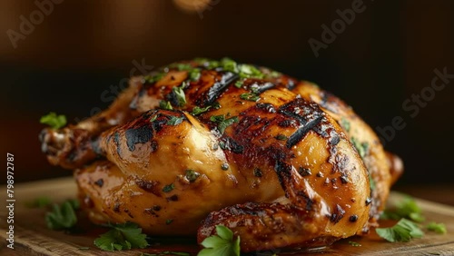 Golden Roasted Chicken Garnished with Fresh Herbs, 