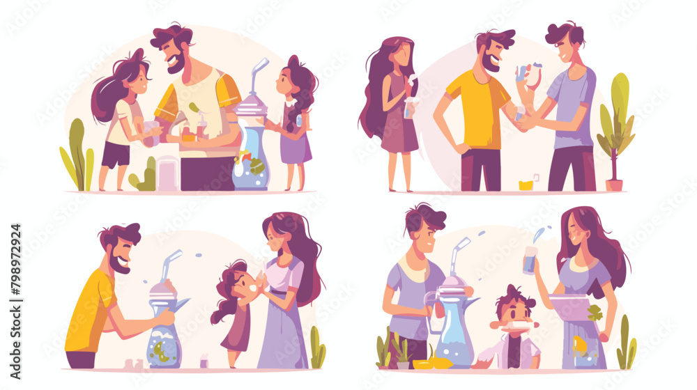 Healthy family with child drinking water together.