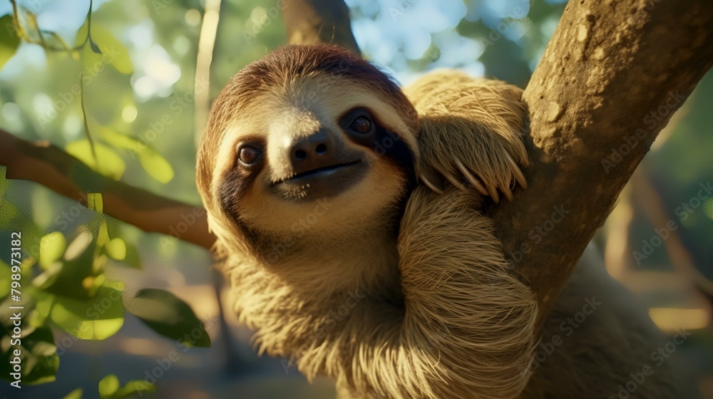 Fototapeta premium Cute baby sloth hanging on the tree and looking at camera