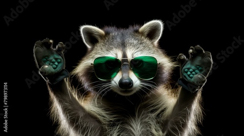 Raccoon Wearing Green Sunglasses on Isolated Black Background © Sumera