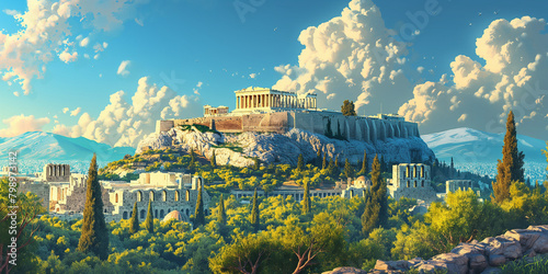 Acropolis hills of Athens, Greece illustration