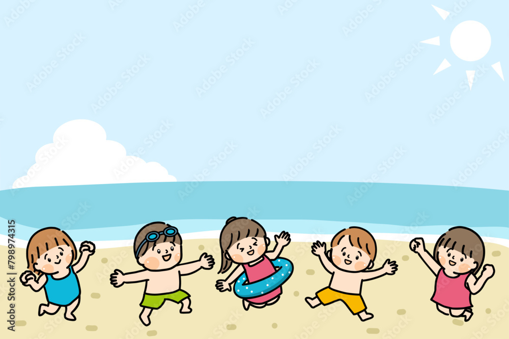 海でジャンプする水着姿の子供たち