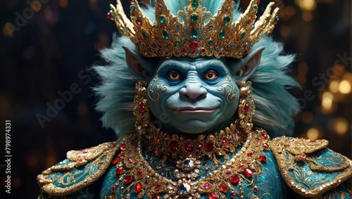 A realistic illustration of a whimsical cartoon character, the troll king, bedecked in shimmering jewels and fabrics photo