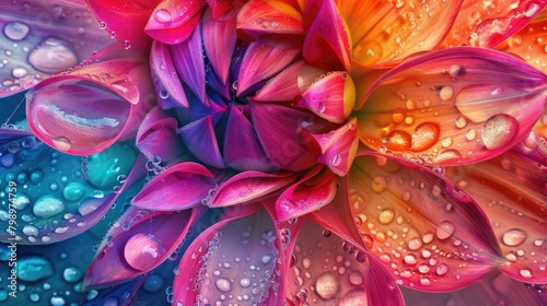 Colorful dahlia petals and raindrops captured in a garden during rain photo