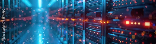 Cloud computing data center, rows of servers, scalable resources, close-up, digital photography, blue ambient lighting photo