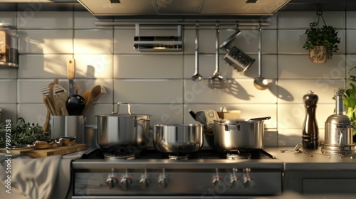 Modern Kitchen Interior with Various Cooking Utensils and Pots on Stove Top