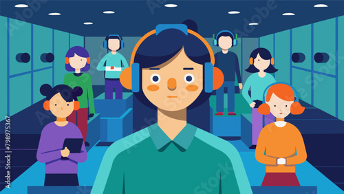 An interactive game that challenges visitors to navigate a crowded room while wearing headphones that mimic the auditory sensitivities of those with. Vector illustration