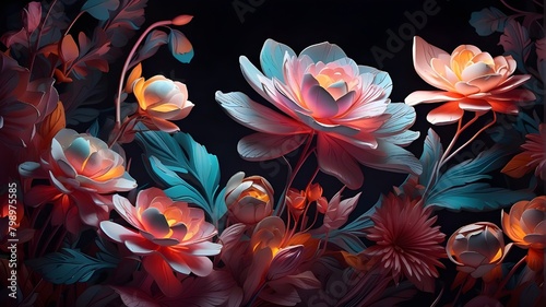 Artistic Image: Volumetric flowers intricately designed with a mix of vibrant and pastel colors, illuminated by neon lighting. The flowers are depicted in a three-dimensional style, giving them a life photo