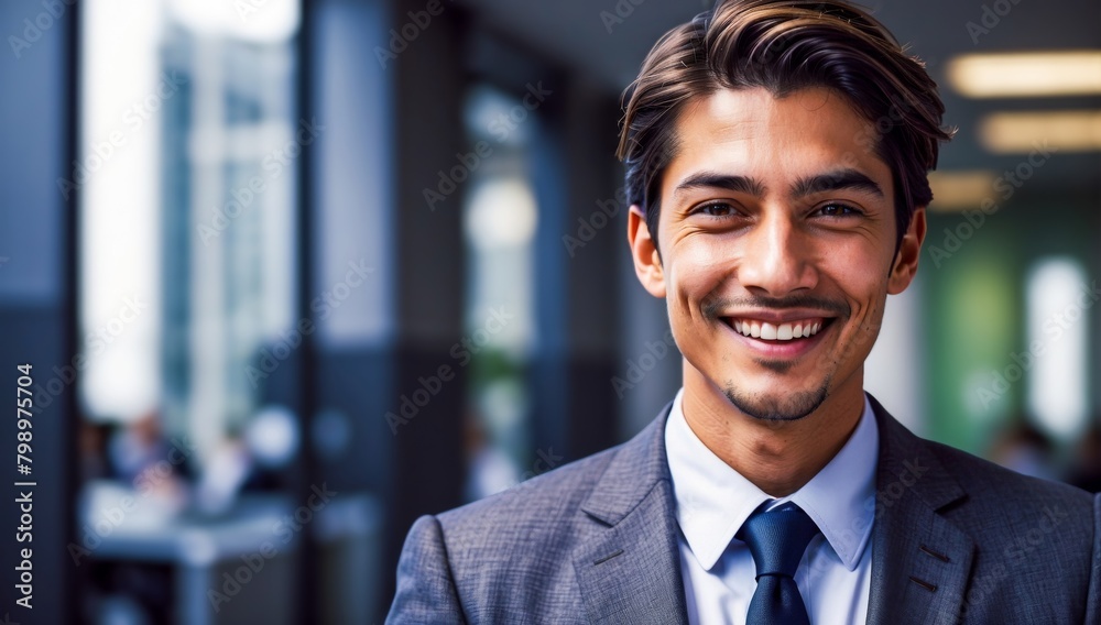 Fototapeta premium A Corporate Employee Wearing a Suit and Smiling, Office in the Background. Satisfied Businessman. Office Worker Happy After Success at Work.