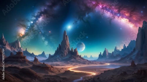 The Splendor and Complexity of Parallel Universes, with Multiple Worlds and Realities. Otherworldly Landscape. Nebula Sky with Sunset. Cosmic Journey Through Area and Time.