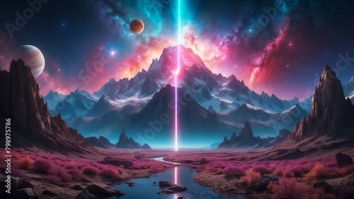 The Splendor and Complexity of Parallel Universes, with Multiple Worlds and Realities. Otherworldly Landscape. Nebula Sky with Sunset. Cosmic Journey Through Area and Time. photo