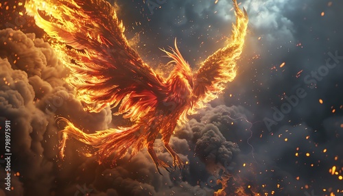 3D fiery phoenix in battle, dynamic pose, stormy sky, eyelevel