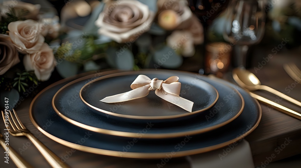 Minimalistic Black and Gold Wedding Table Setting with Dark Background Minimalistic Black and Gold Wedding Table Setting with Dark Background