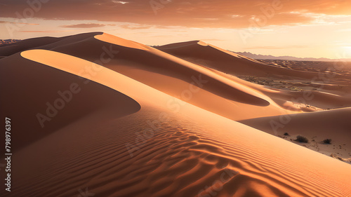A surreal desert landscape  with towering sand dunes glowing orange in the light of the setting sun
