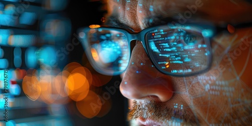 Engineer programming quantum software  multiple screens  complex coding  close-up  digital photography  intense focus