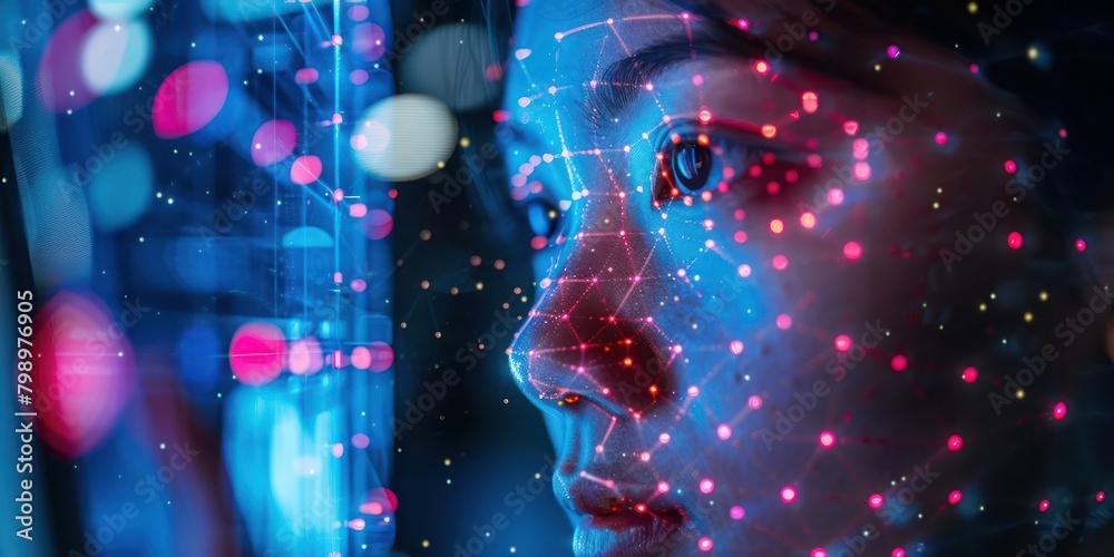 Facial recognition scan on a smartphone, close-up, digital photography, security authentication