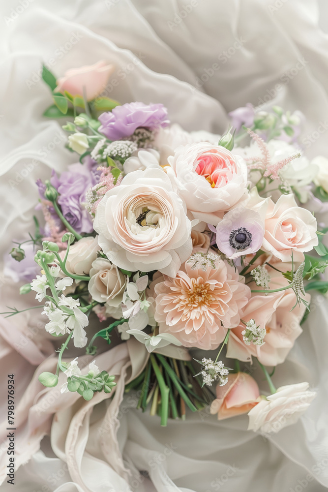Luxurious wedding bouquet of ranunculus, peonies, chrysanthemums and roses with silk ribbons
