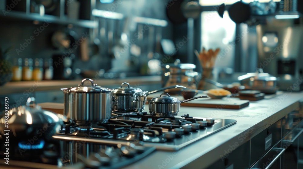 Messy and cluttered kitchen stove top filled with pots and pans, utensils, and kitchen tools in a busy household