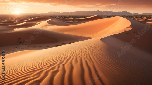A surreal desert landscape, with towering sand dunes glowing orange in the light of the setting sun