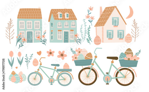Happy Easter greeting card with houses bicycles eggs and spring flowers pastel colors holiday celebration card