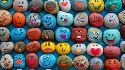 Colorful emotive characters painted on round pebbles spread across an azure backdrop with soft lighting © rorozoa