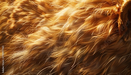 Capture the intricate details of a majestic lions mane, highlighting every strand of fur in photorealistic detail, with a glimmer of sunlight illuminating its golden hues photo