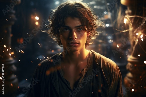 Young man in a dark, magical setting, his fashionforward and mystical presence enhanced with digital energy, rendered in ultra HD ,ultra HD,digital photography photo