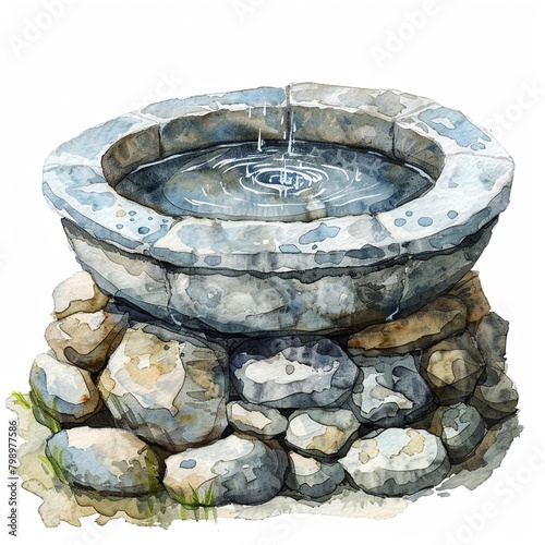 Watercolor clipart of a baptismal font stone design with gentle water