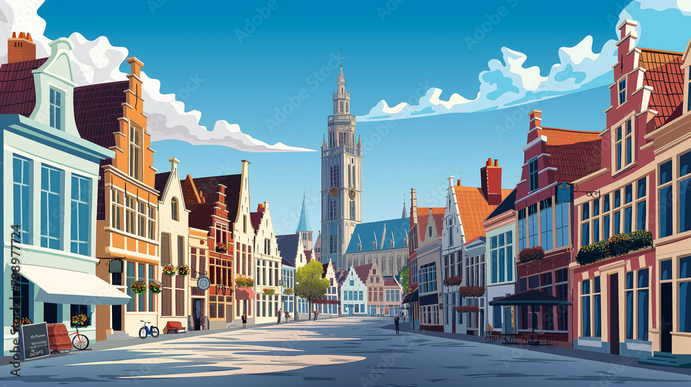 Bruges with its typical sights on a sunny day
