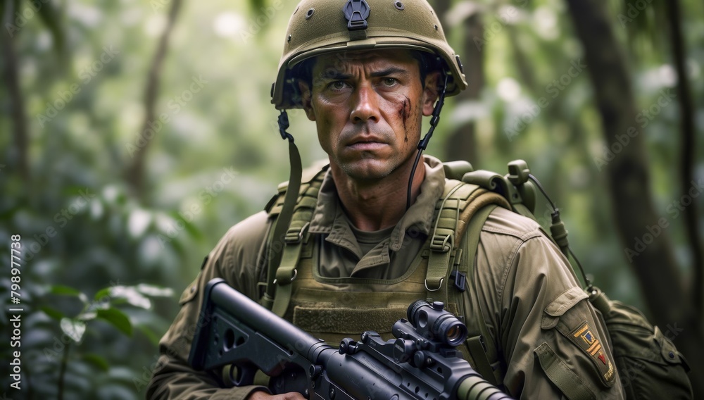 Portrait of a War Soldier, a Nervous and Anxious Look on His Face,  in the Jungle. Special Forces Soldier. Navy Seals, Delta Force.