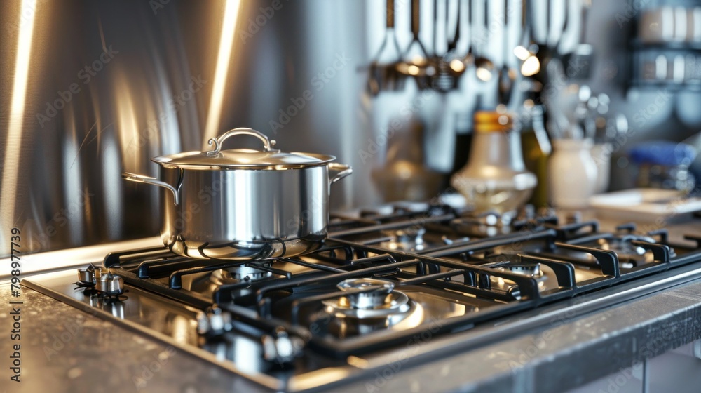 Modern stainless steel stove top with assortment of pots and pans in the background in 3D ing