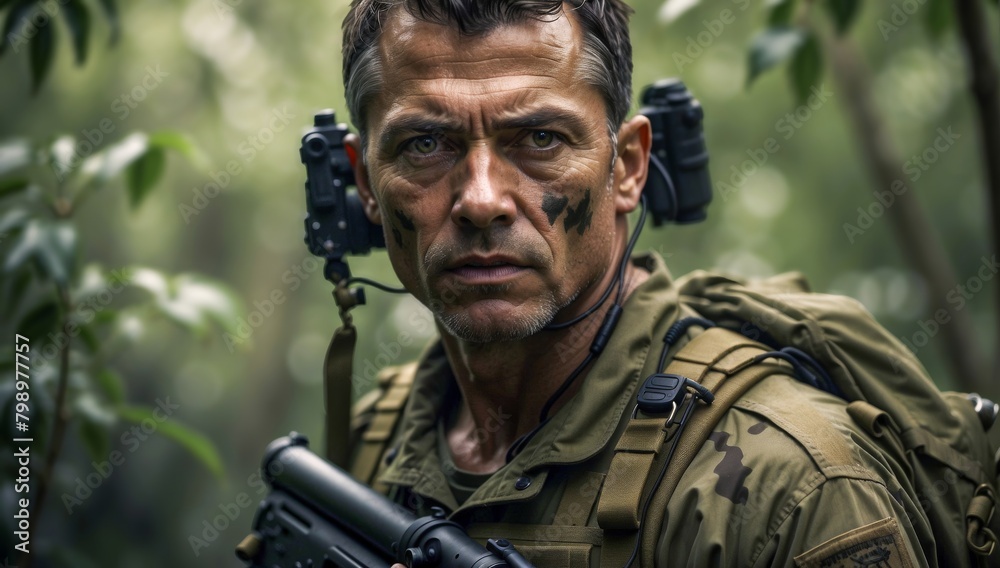 Portrait of a War Soldier, a Nervous and Anxious Look on His Face, in the Jungle. Special Forces Soldier. Navy Seals, Delta Force. Portrait of a War Soldier, a Nervous and Anxious Look on His Face, in the Jungle. Special Forces Soldier. Navy Seals, Delta Force.