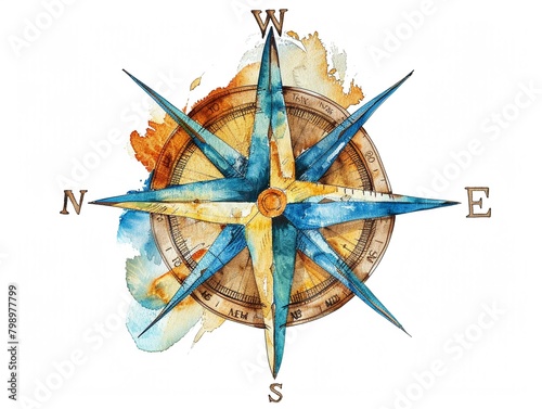 Watercolor clipart of a compass rose detailed and navigational
