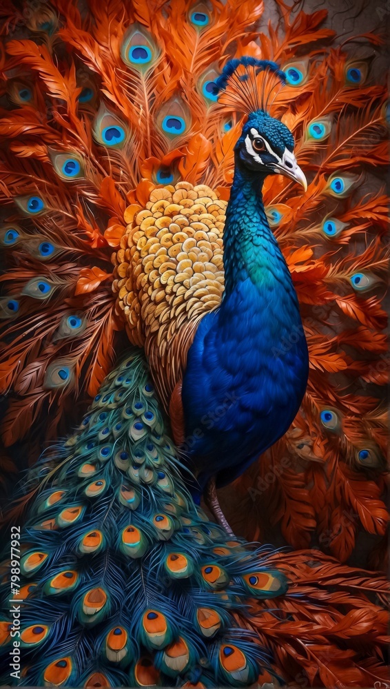 Fototapeta premium Painting of a Regal Peacock Proudly Displaying its Iridescent Plumage, Standing Amid the Splash Color Dynamic Background.