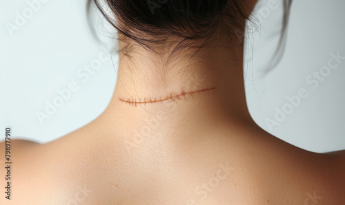 Insurance close-up photo of a young womans scar, isolated white and grey background.