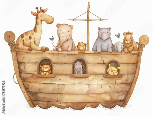 Watercolor clipart of a wooden Noahs Ark detailed with animals peeking out