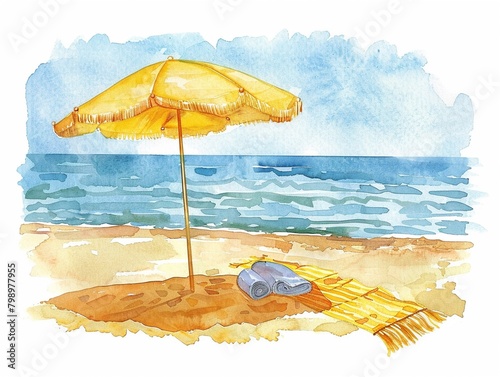 Watercolor illustration of a summer beach scene clipart