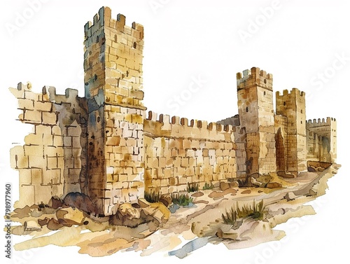 Watercolor clipart of ancient city walls detailed stones and ramparts photo