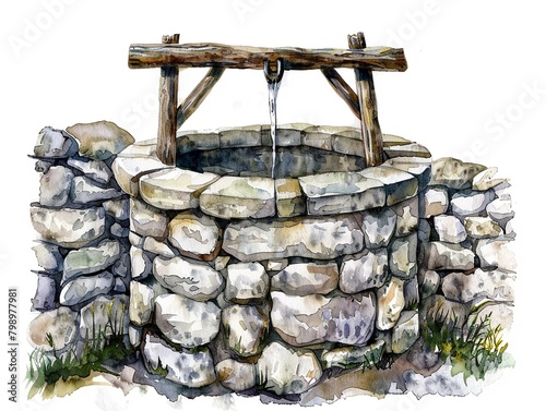 Watercolor illustration of a stone water well clipart