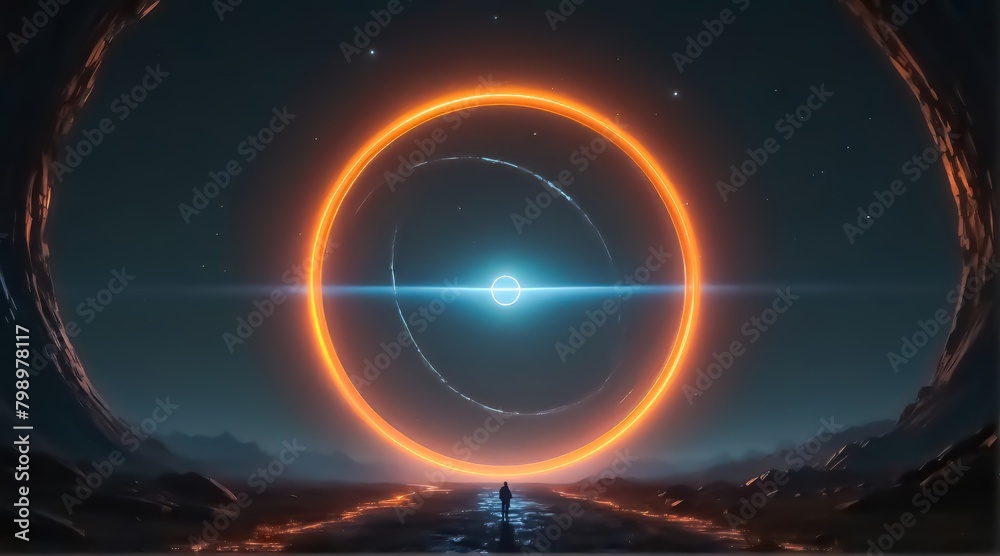 View of the Eclipse from Another World. Space Phenomenon. Abstract Illustration of a Star Gate to Another World. Space Portal to Another Dimension.