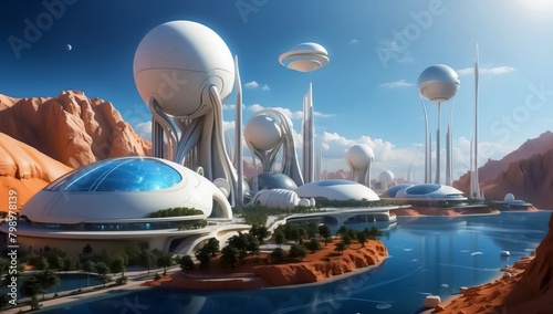 Colonization of Mars. Alien Landscape with Sustainable Energy Hubs. Alien Planet Exploration Base. Human Settlement in an Alien World. Planet Base for Habitation and Colonization of the Planet.